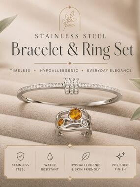 Stainless Steel Bracelet Ring Set Amber Gemstones